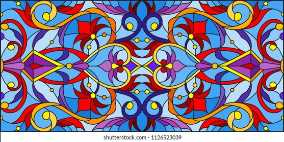 Illustration in stained glass style with abstract  swirls,flowers and leaves  on a blue background,horizontal orientation