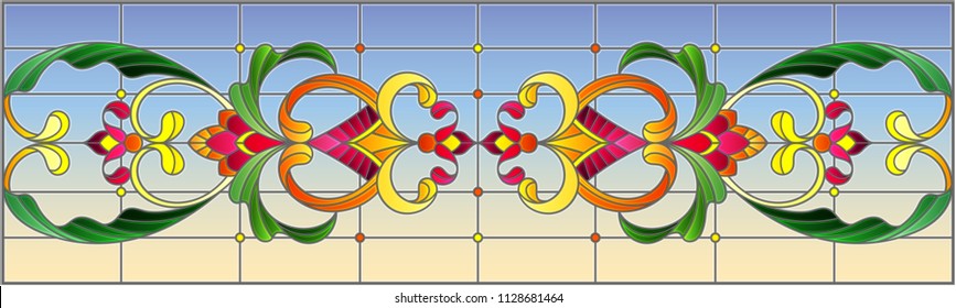 Illustration in stained glass style with abstract  swirls,flowers and leaves  on a sky  background,horizontal orientation