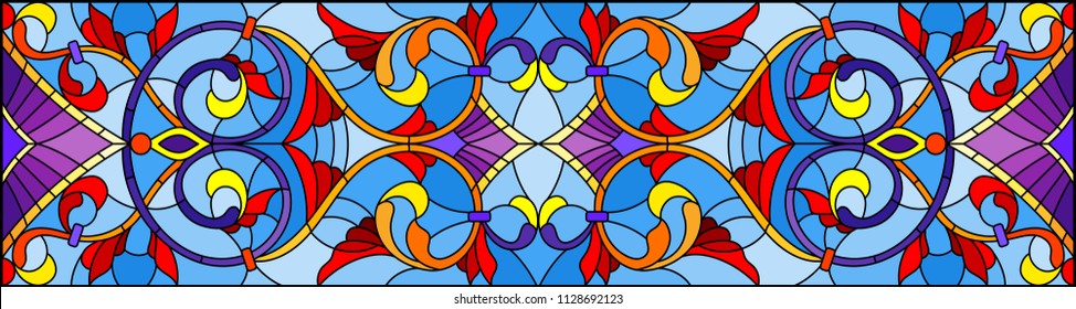 Illustration in stained glass style with abstract  swirls,flowers and leaves  on a blue background,horizontal orientation