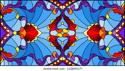 Illustration in stained glass style with abstract  swirls,flowers and leaves  on a blue background,horizontal orientation