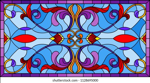 Illustration in stained glass style with abstract  swirls,flowers and leaves  on a blue background,horizontal orientation