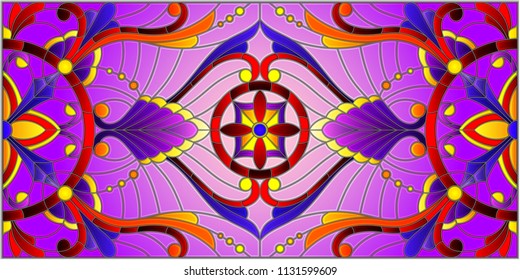 Illustration in stained glass style with abstract  swirls,flowers and leaves  on a purple background,horizontal orientation