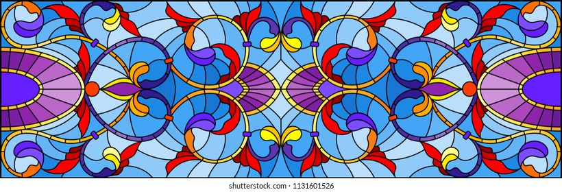 Illustration in stained glass style with abstract  swirls,flowers and leaves  on a blue background,horizontal orientation