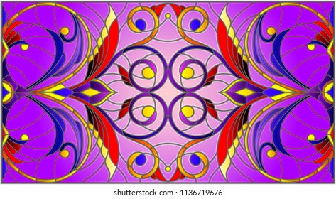 Illustration in stained glass style with abstract  swirls,flowers and leaves  on a purple background,horizontal orientation
