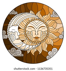 Illustration in stained glass style , abstract sun and moon in the sky,round image,tone brown