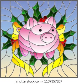 Illustration in stained glass style with abstract pink piggy Bank and Holly branches on blue background, square image