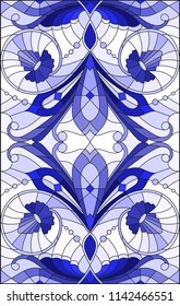 Illustration in stained glass style with abstract  swirls,flowers and leaves  on a light background,vertical orientation gamma blue