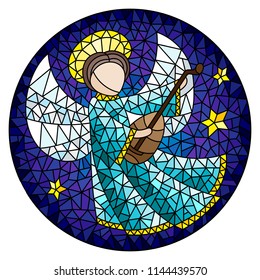 Illustration in stained glass style with an abstract angel in pink robe play the lute , round picture