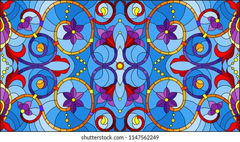 Illustration in stained glass style with abstract  swirls,flowers and leaves  on a blue background,horizontal orientation