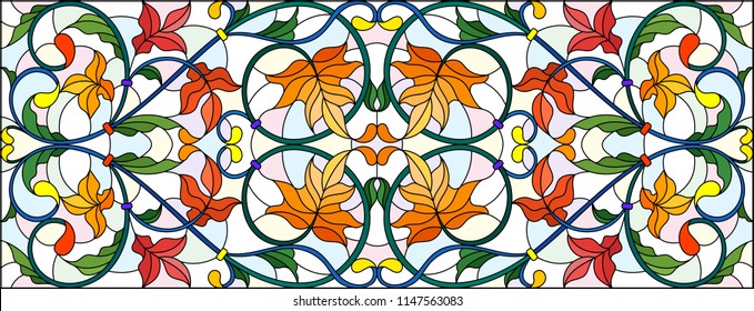 Illustration in stained glass style with abstract  swirls,flowers and leaves  on a light background,horizontal orientation