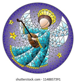 Illustration in stained glass style with an abstract angel in blue robe play the lute , round picture