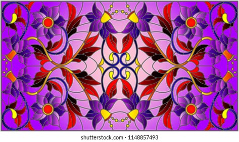 Illustration in stained glass style with abstract  swirls,flowers and leaves  on a purple background,horizontal orientation