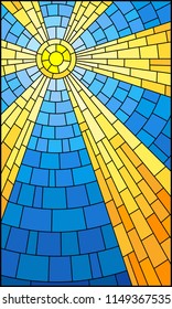 Illustration in stained glass style with abstract celestial landscape, sun with rays against the sky