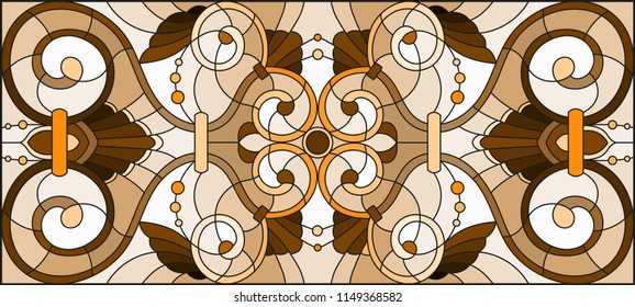 Illustration in stained glass style with abstract  swirls and leaves  on a light background,horizontal orientation, sepia