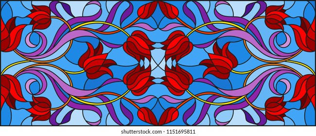 Illustration in stained glass style with abstract  swirls,flowers of Tulips and leaves  on a blue background,horizontal orientation