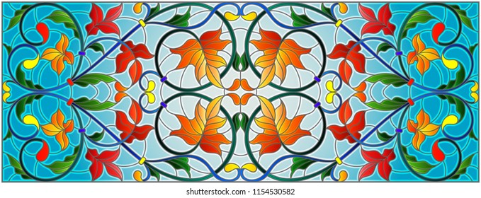 Illustration in stained glass style with abstract  swirls and maple  leaves  on a sky  background,horizontal orientation