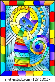 Illustration in stained glass style with abstract geometric rainbow cat in bright frame
