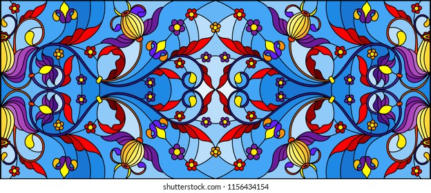 Illustration in stained glass style with abstract  swirls,flowers and leaves  on a blue background,horizontal orientation