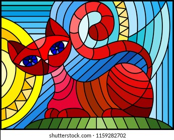 Illustration in stained glass style with abstract red geometric cat  on a blue background