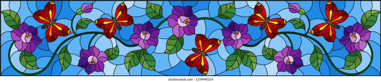 Illustration in stained glass style with abstract curly purple flower and an red  butterfly on blue background , horizontal image