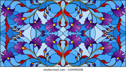 Illustration in stained glass style with abstract blue flowers on a blue  background,horizontal orientation