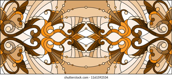 Illustration in stained glass style with abstract  swirls and leaves  on a light background,horizontal orientation, sepia