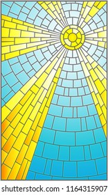 Illustration in stained glass style with abstract celestial landscape, sun with rays against the sky