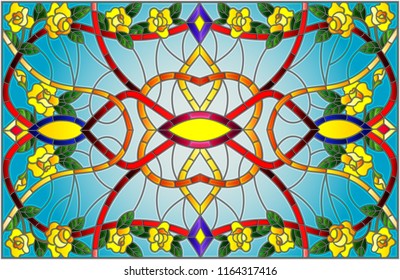 Illustration in stained glass style with abstract  swirls,flowers of yellow roses  and leaves  on a blue background,horizontal orientation