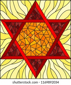 Illustration in stained glass style with an abstract red six-pointed  star on a yellow background