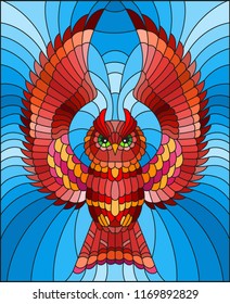 Illustration in stained glass style with abstract red owl flying on sky background