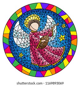 Illustration in stained glass style with an abstract angel in pink robe play the lute , round picture in a bright frame