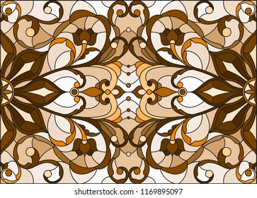 Illustration in stained glass style with abstract  swirls and leaves  on a light background,horizontal orientation, sepia