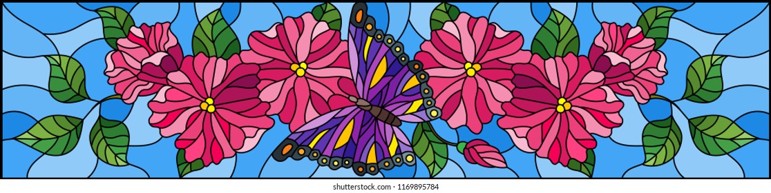 Illustration in stained glass style with abstract curly pink flowers and purple butterfly on blue background , horizontal image