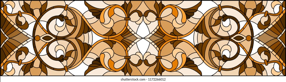 Illustration in stained glass style with abstract  swirls ,flowers and leaves  on a light background,horizontal orientation, sepia