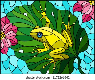 Illustration in stained glass style with abstract  frog on Lotus leaf on water and flowers