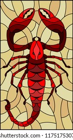 Illustration in stained glass style with abstract red Scorpion on brown background