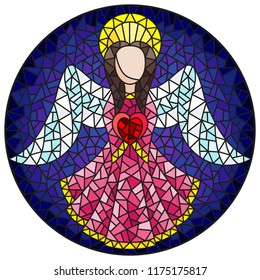 Illustration in stained glass style with an abstract angel in pink robe with a heart , round picture