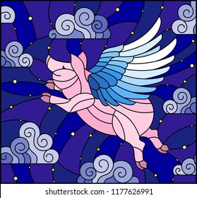 Illustration in stained glass style with abstract winged pig on the sky and clouds background with stars