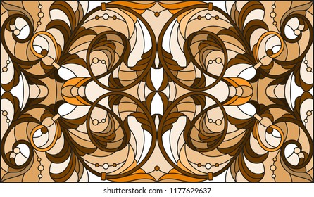 Illustration in stained glass style with abstract  swirls and leaves  on a light background,horizontal orientation, sepia