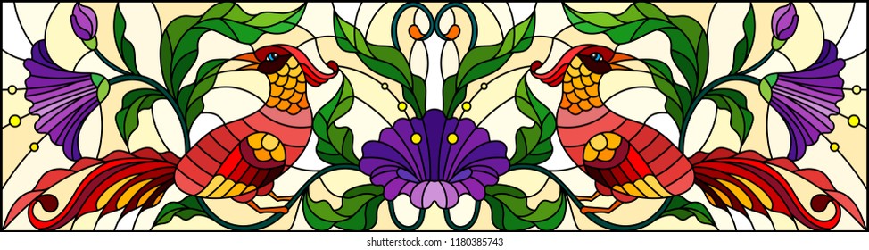 Illustration in stained glass style with abstract red birds and purple flowers on a light background , mirror, horizontal image