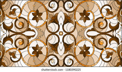 Illustration in stained glass style with abstract  swirls and leaves  on a light background,horizontal orientation, sepia