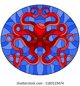 Illustration in stained glass style with abstract red octopus against a blue sea ,round picture