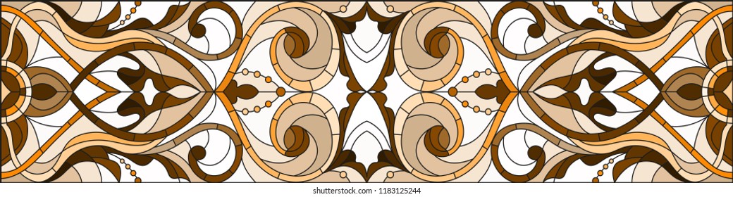 Illustration in stained glass style with abstract  swirls and leaves  on a light background,horizontal orientation, sepia