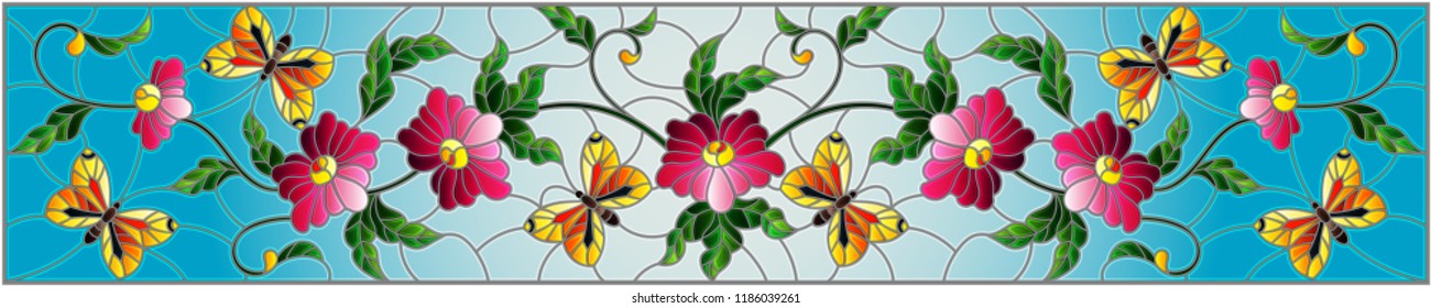 Illustration in stained glass style with abstract curly pink flower and a purple butterfly on blue background , horizontal image