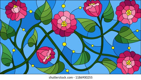 Illustration in stained glass style with abstract intertwined pink flowers and leaves on blue background