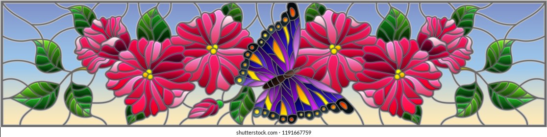 Illustration in stained glass style with abstract curly pink flowers and purple butterfly on blue background , horizontal image