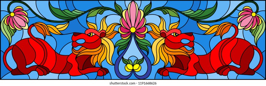Illustration in stained glass style with abstract red lions and flowers on blue background, mirror image, horizontal orientation