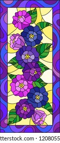 Illustration in stained glass style with abstract purple flowers on yellow background in bright frame, vertical image