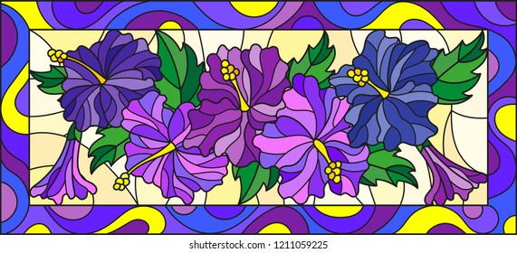 Illustration in stained glass style with abstract purple flowers and leaves on yellow background in bright frame, horizontal orientation