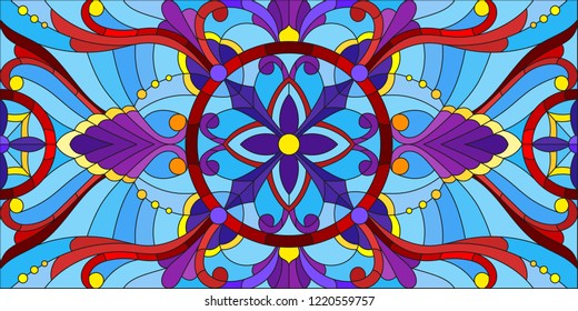 Illustration in stained glass style with abstract flowers, leaves and curls on blue background, horizontal orientation